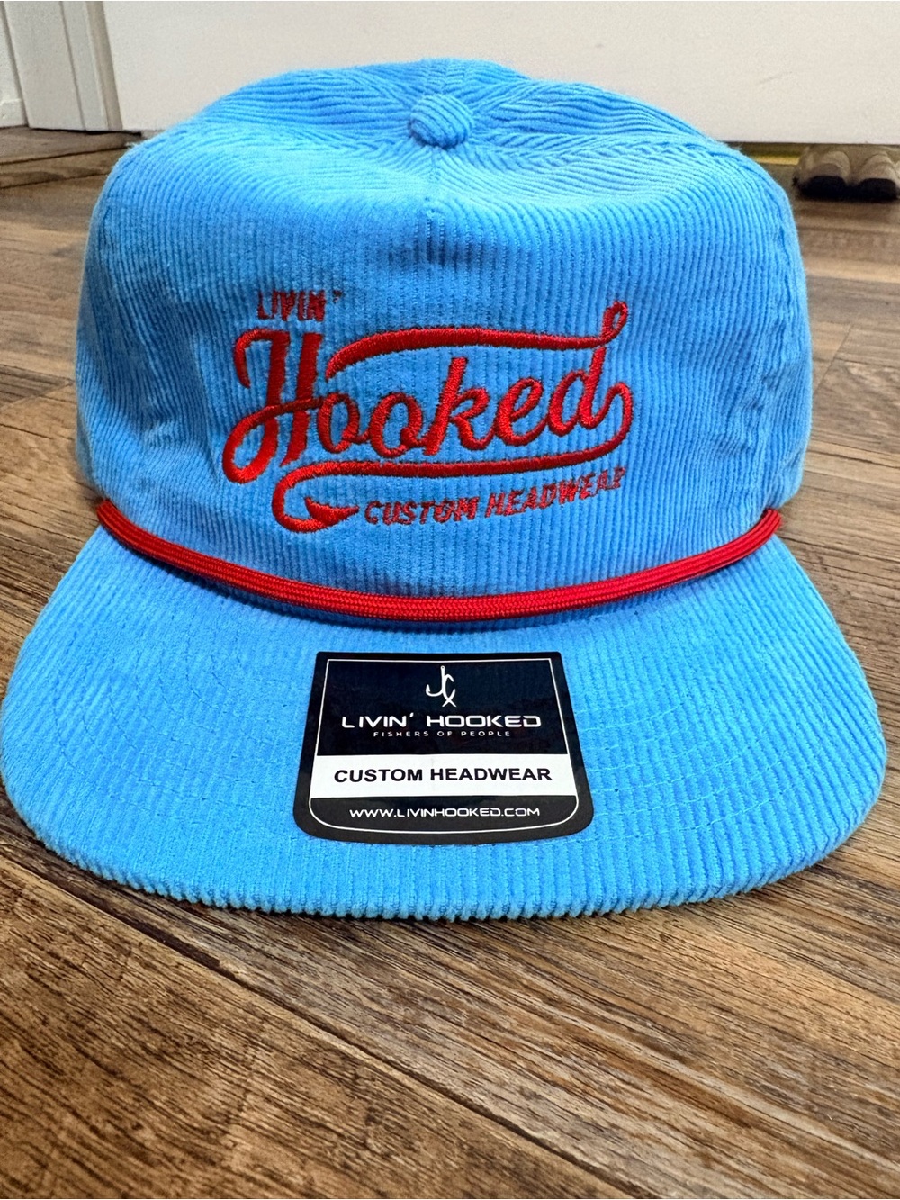 Livin' Hooked Blue Corduroy Snapback Hat with Red Embroidery